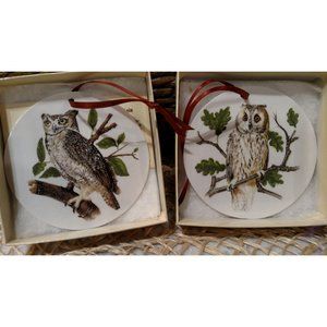 SET/2 Vintage Keramos Industries Handmade Porcelain Owl Ornaments